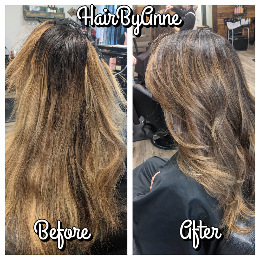 A before and after picture of hair by lynne