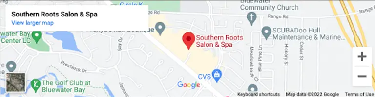 A map of the location of southern roots salon & spa.