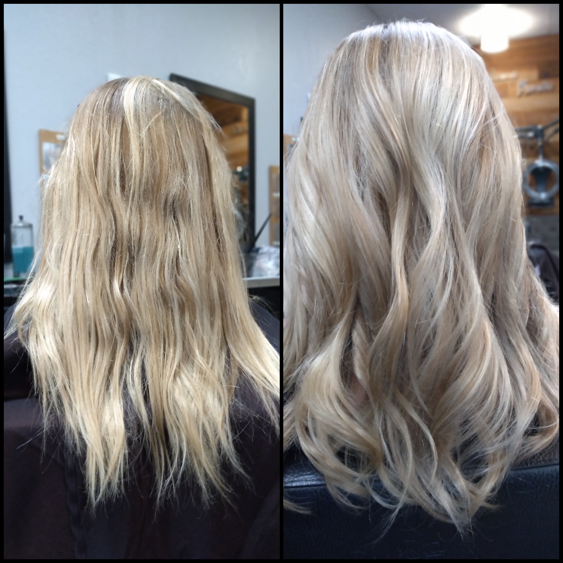 A before and after picture of a woman 's hair.